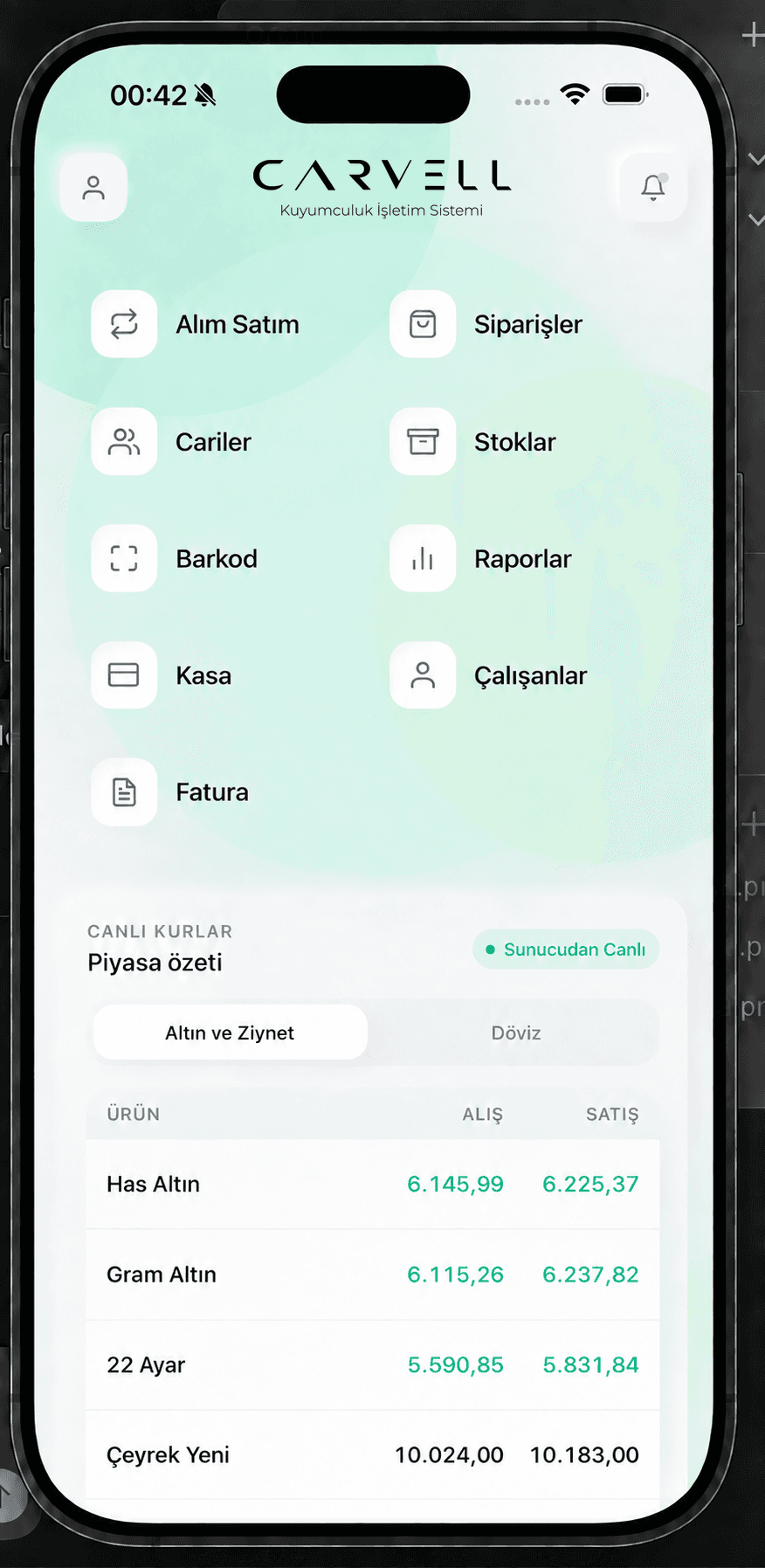 CARVELL mobil ana ekranı